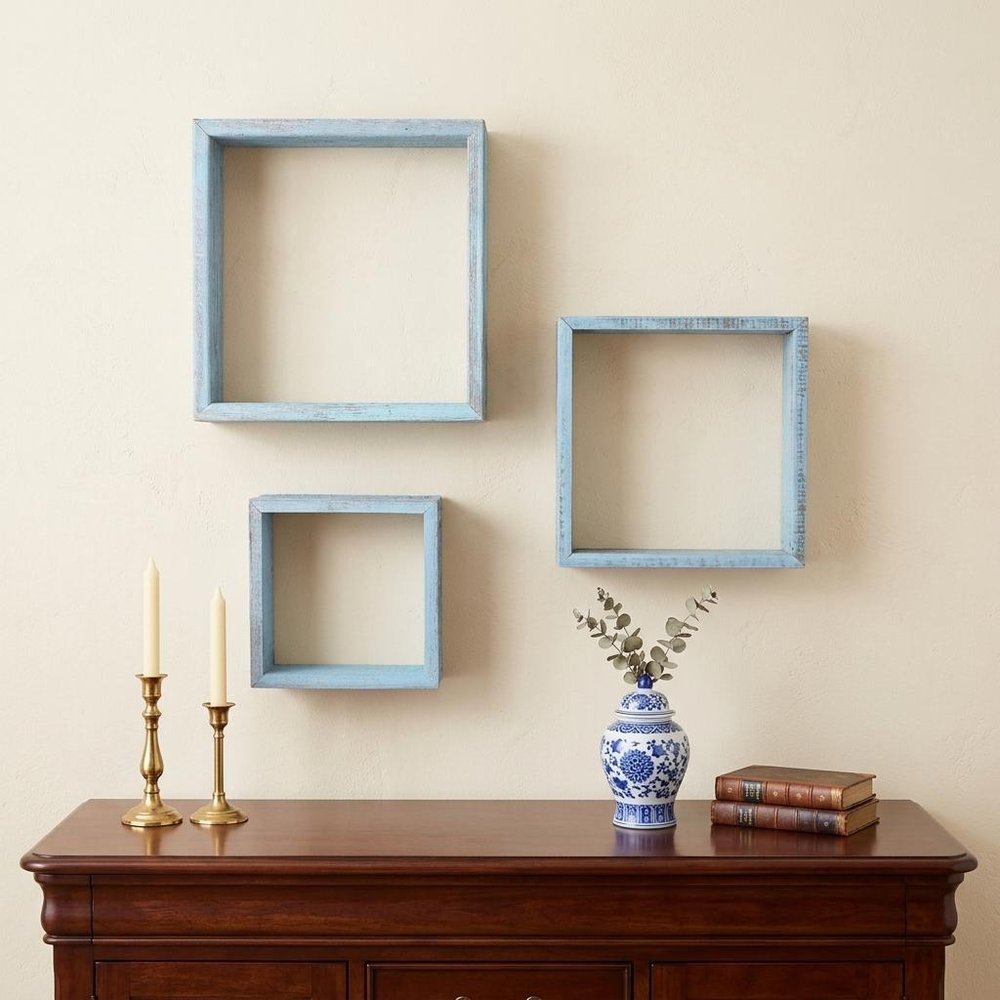 Set of Three Espresso Wood Square Hanging Dimensional Sculpture