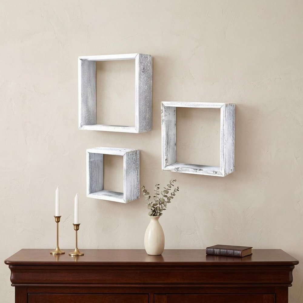 Set of Three Espresso Wood Square Hanging Dimensional Sculpture
