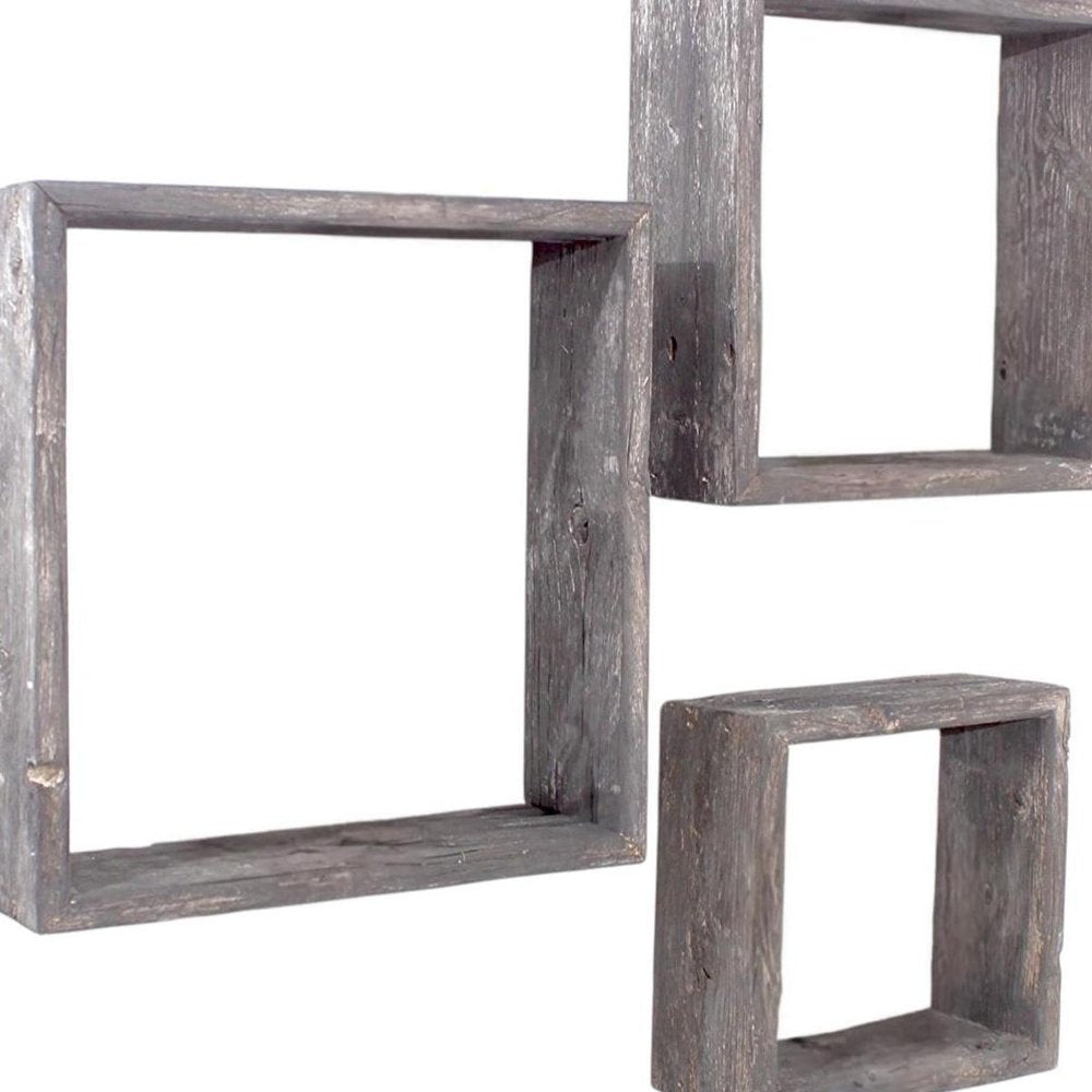 Set of Three Espresso Wood Square Hanging Dimensional Sculpture