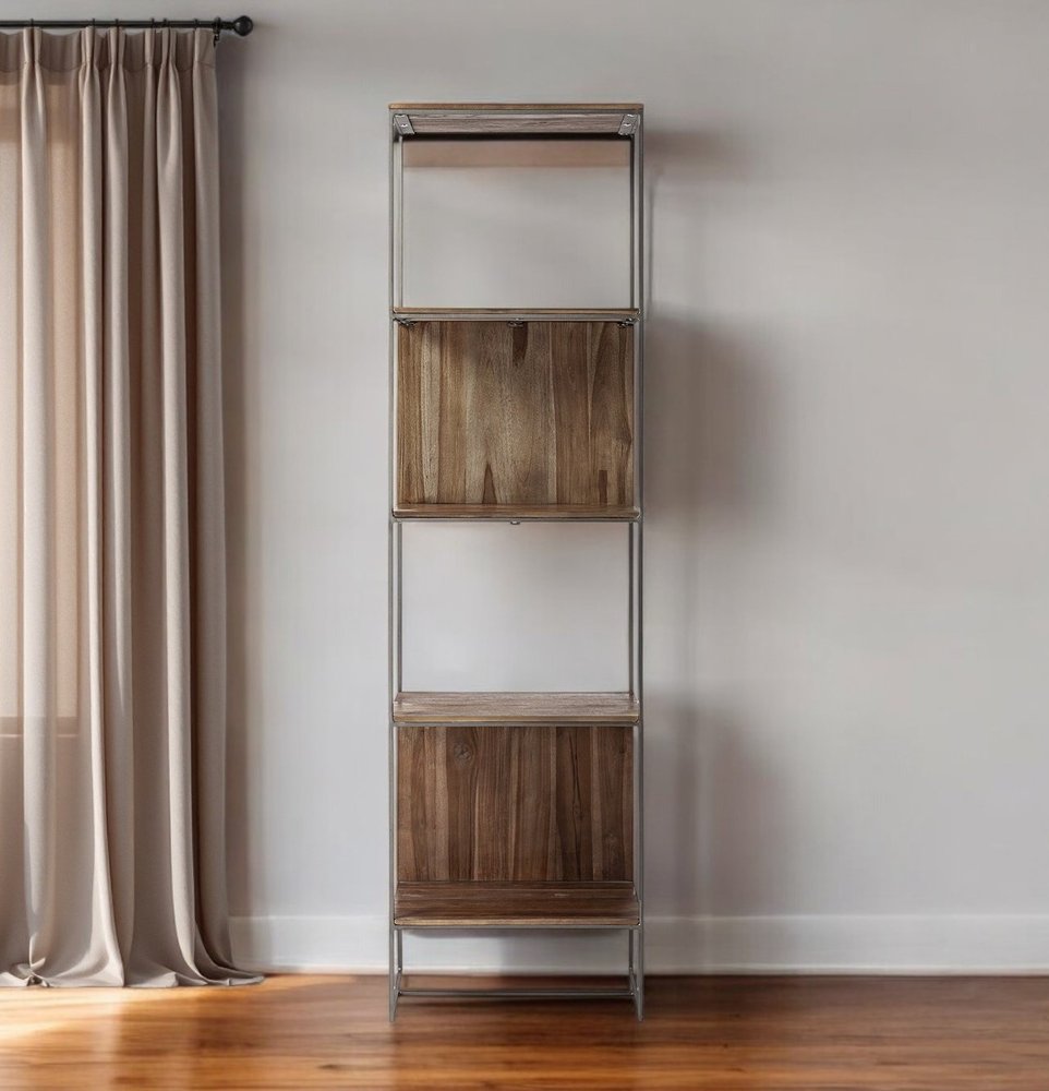 71" Brown And Silver Metal and Wood Four Tier Bookcase