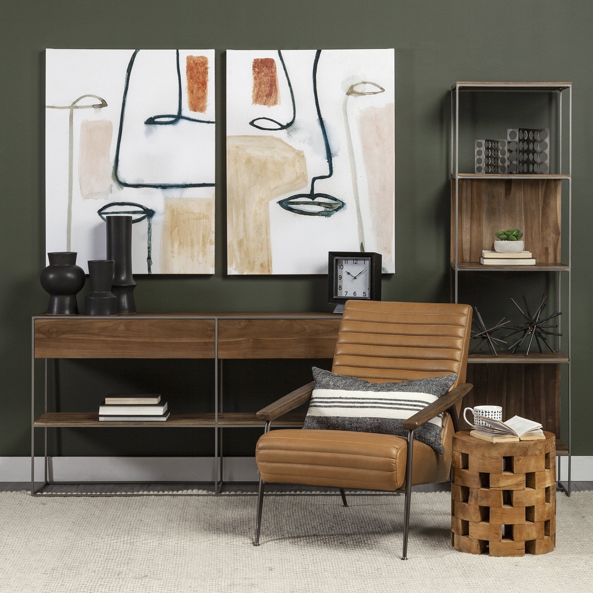 71" Brown And Silver Metal and Wood Four Tier Bookcase