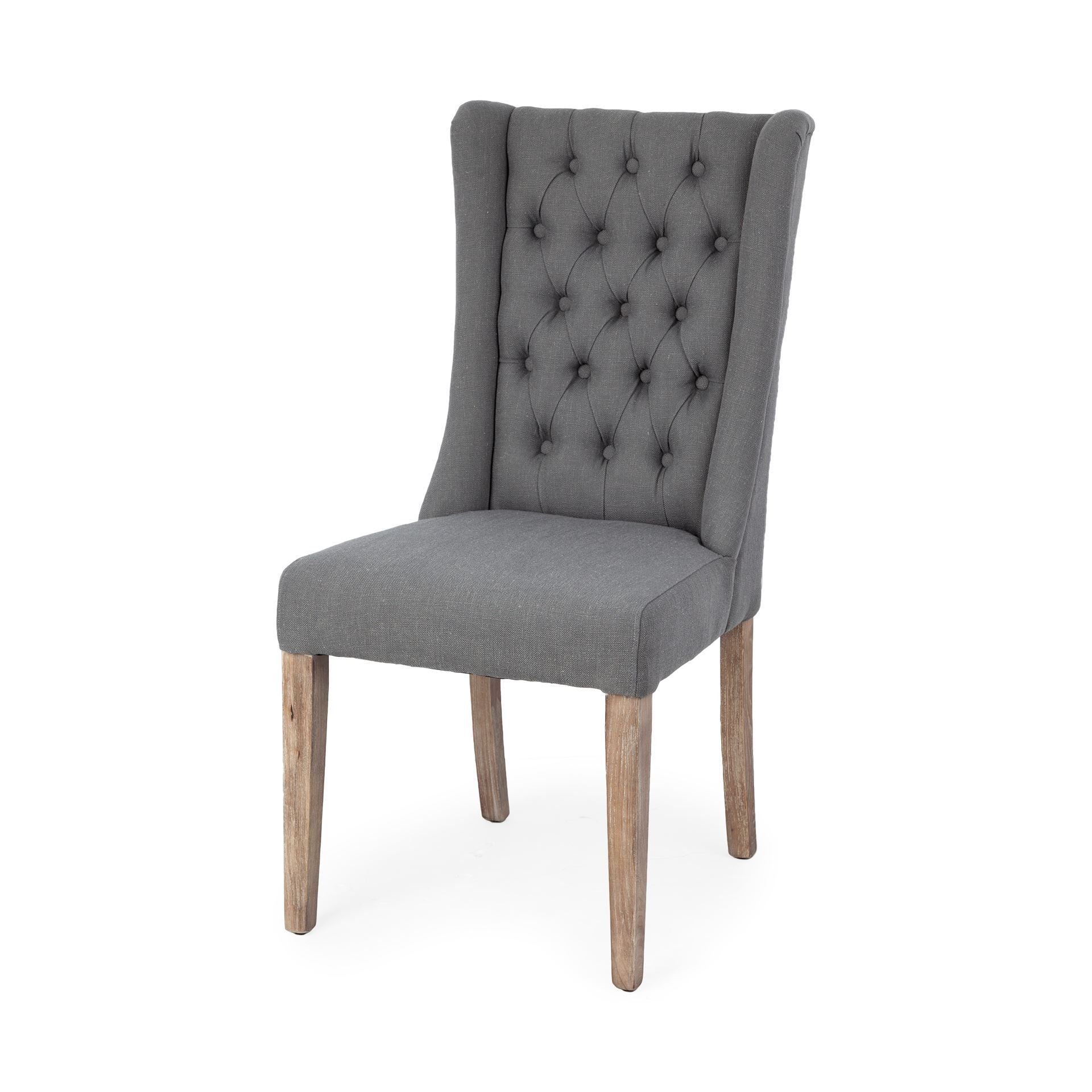 Tufted Gray and Brown Upholstered Linen Wing Back Dining Side Chair