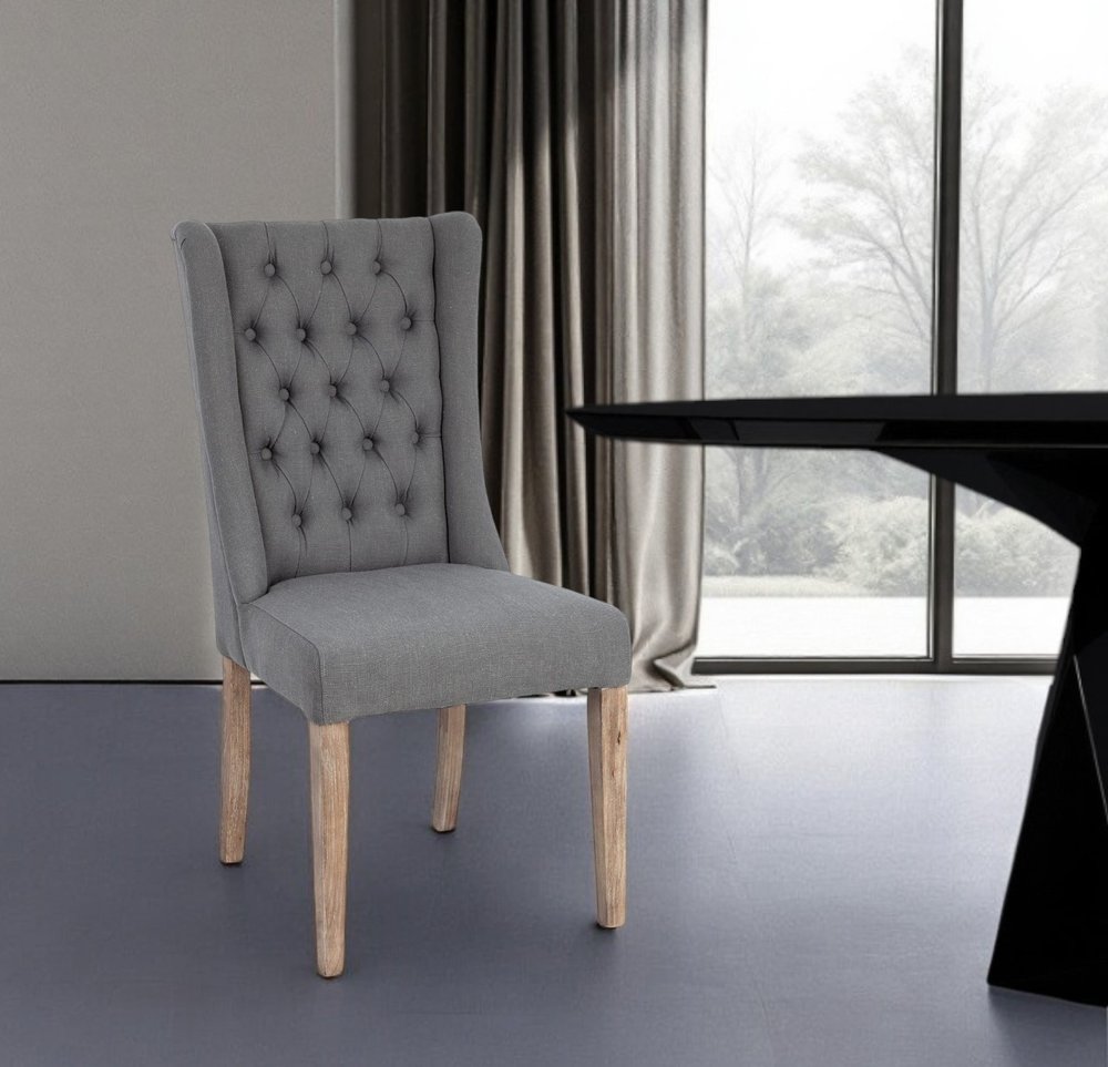 Tufted Gray and Brown Upholstered Linen Wing Back Dining Side Chair