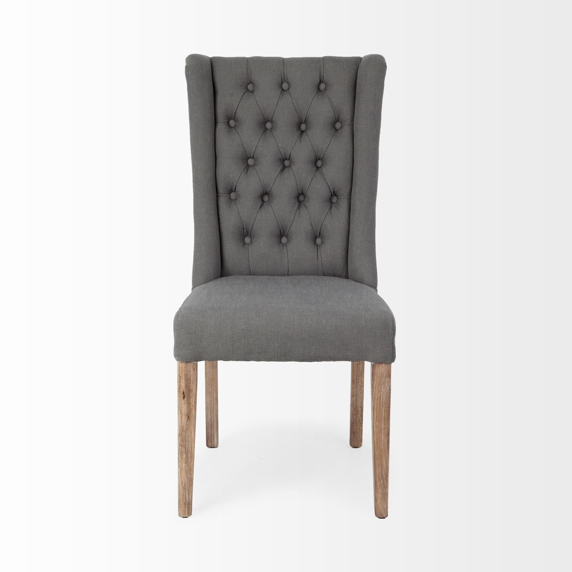 Tufted Gray and Brown Upholstered Linen Wing Back Dining Side Chair