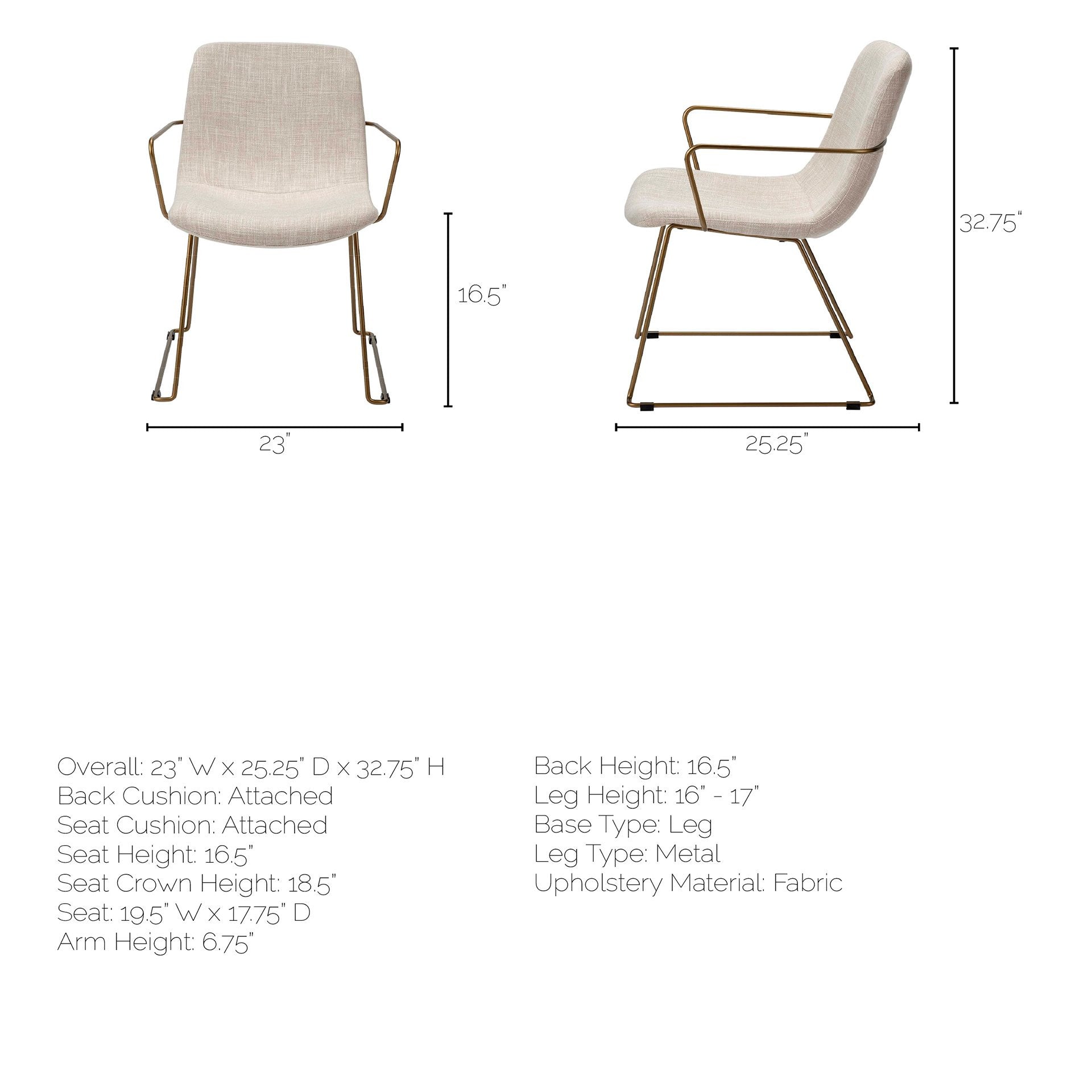 Cream and Gold Upholstered Fabric Dining Arm Chair