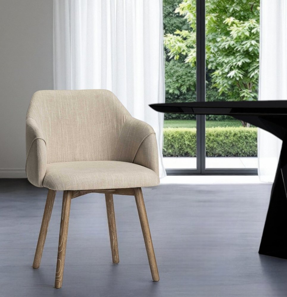 Cream and Brown Upholstered Fabric Dining Arm Chair