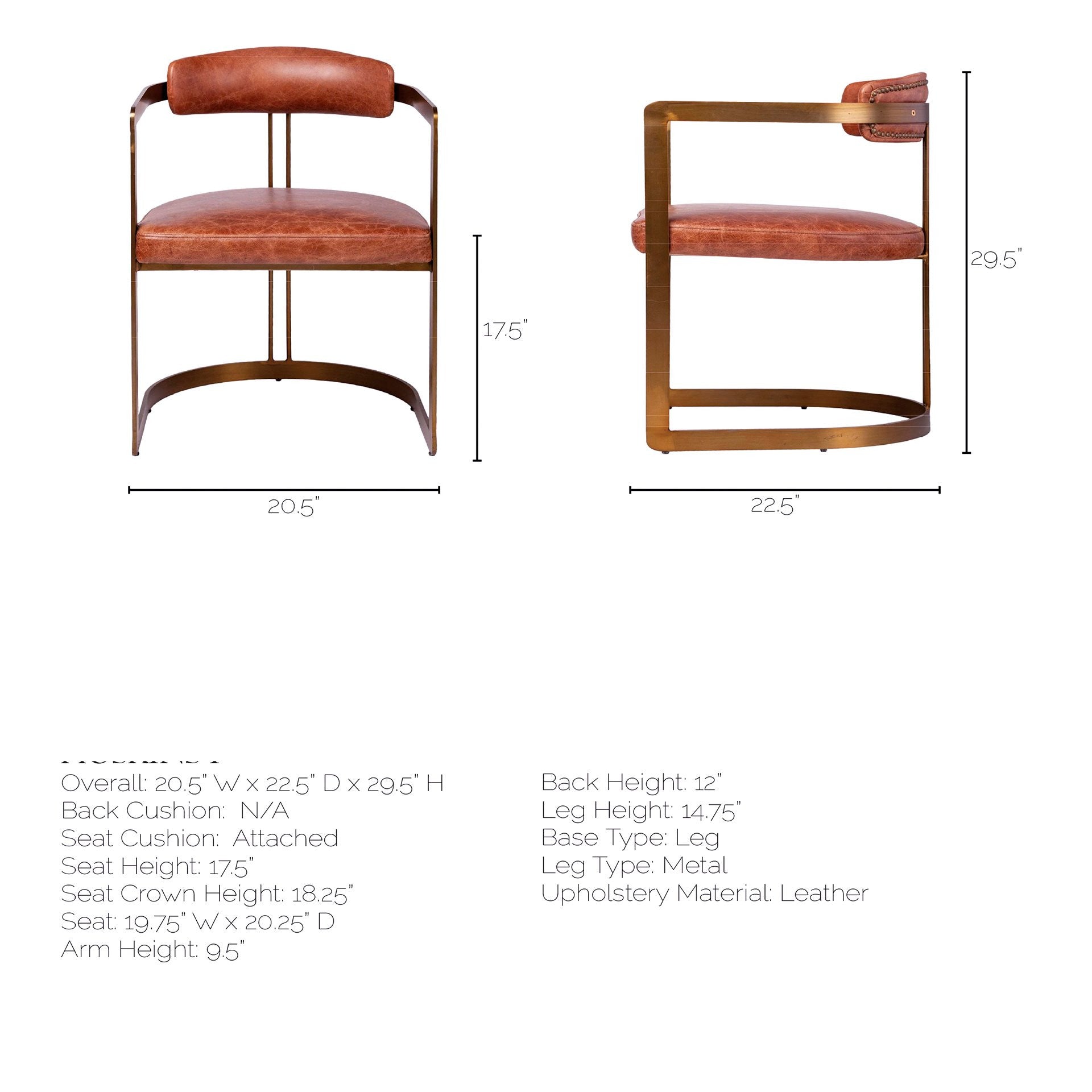 Brown And Gold Upholstered Leather Open Back Dining Arm Chair