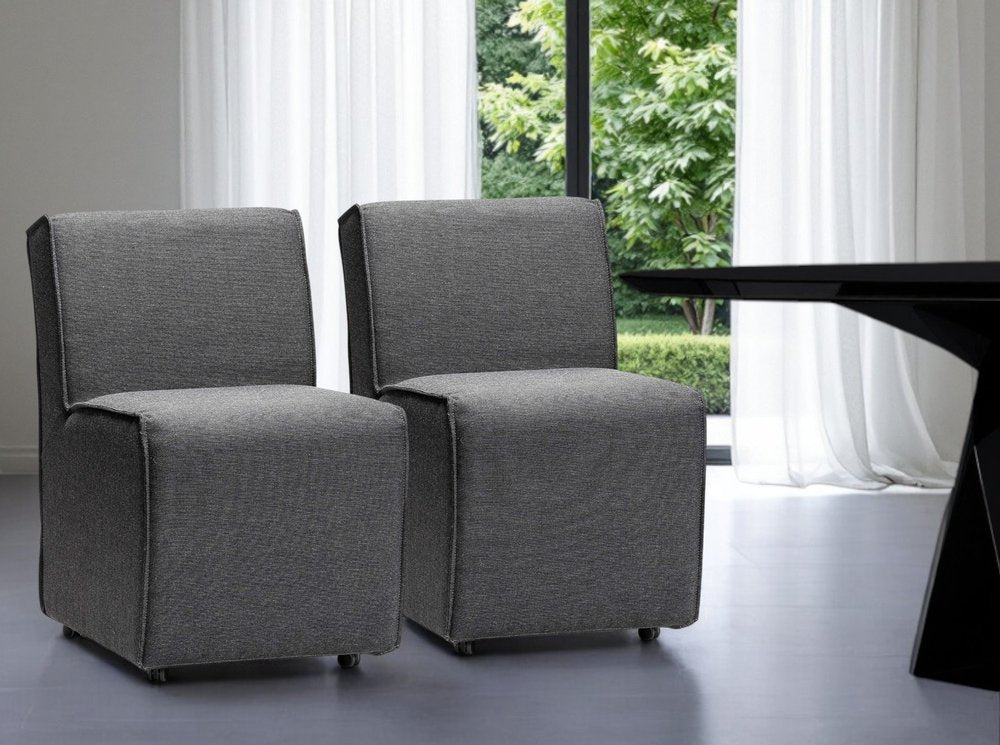 Set of Two Gray Upholstered Fabric Dining Side Chairs With Wheels