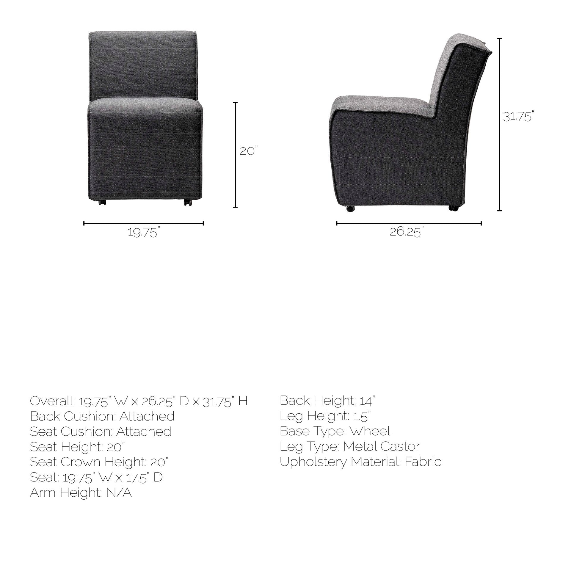 Set of Two Gray Upholstered Fabric Dining Side Chairs With Wheels