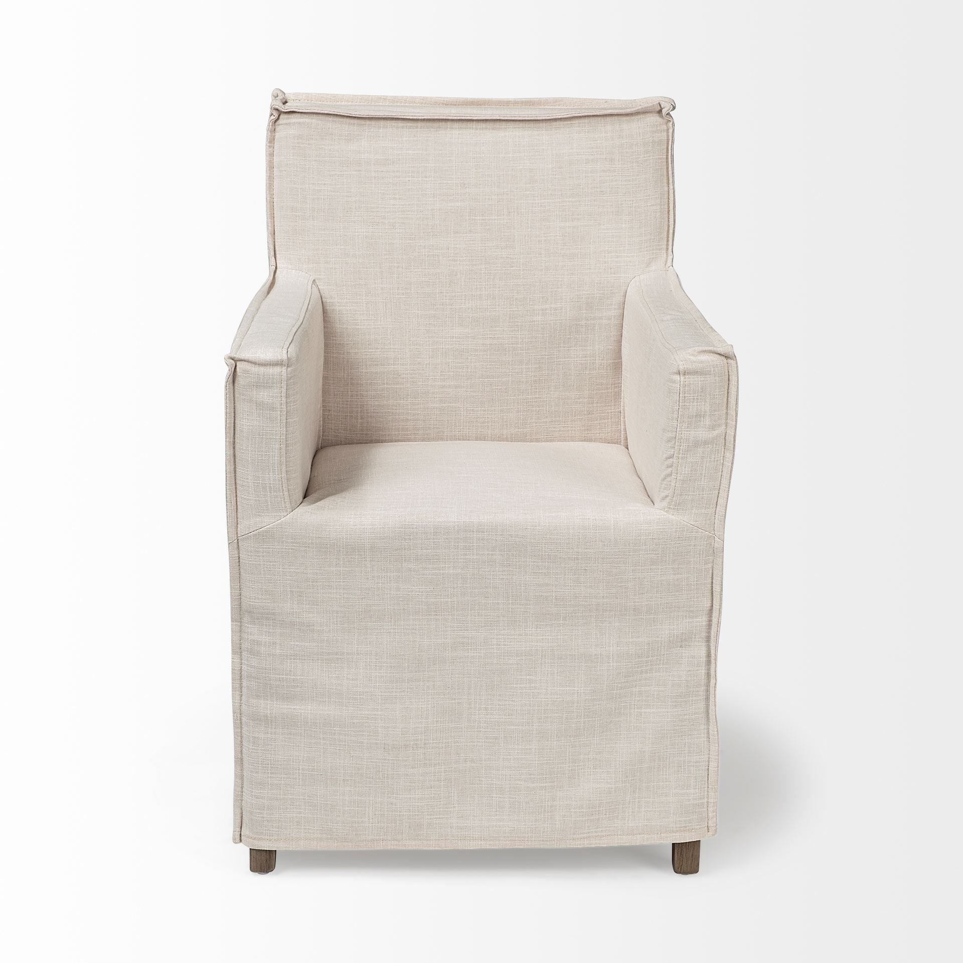 Cream and Brown Slipcovered Upholstered Fabric Dining Arm Chair
