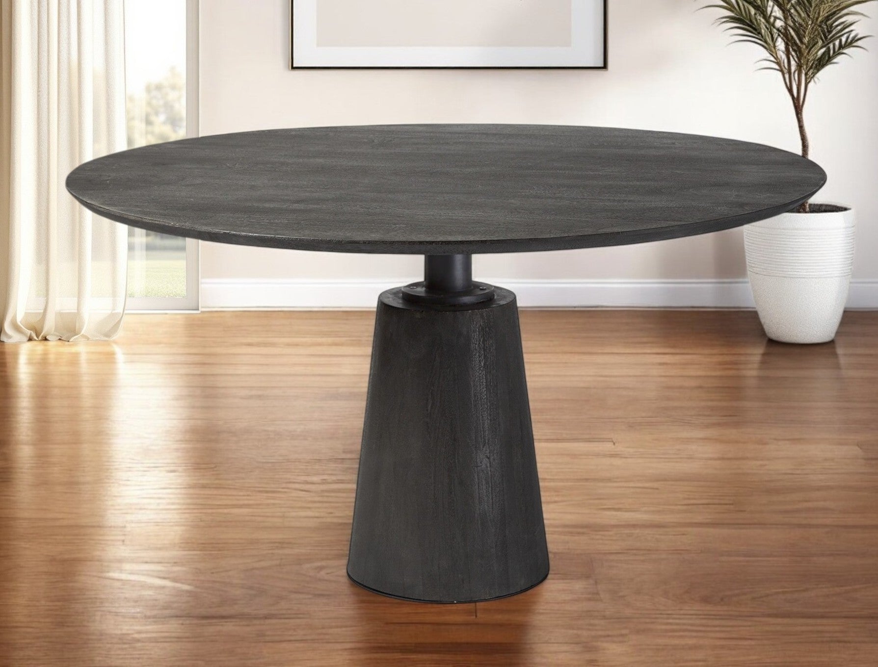 54" Dark Brown Solid Wood And Iron Pedestal Base Round Top Dining Table
