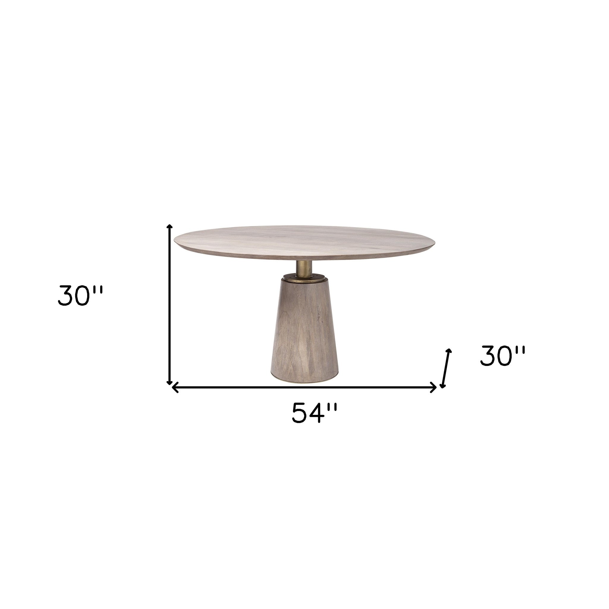 54" Light Brown And Gold Solid Wood And Iron Pedestal Base Round Top Dining Table