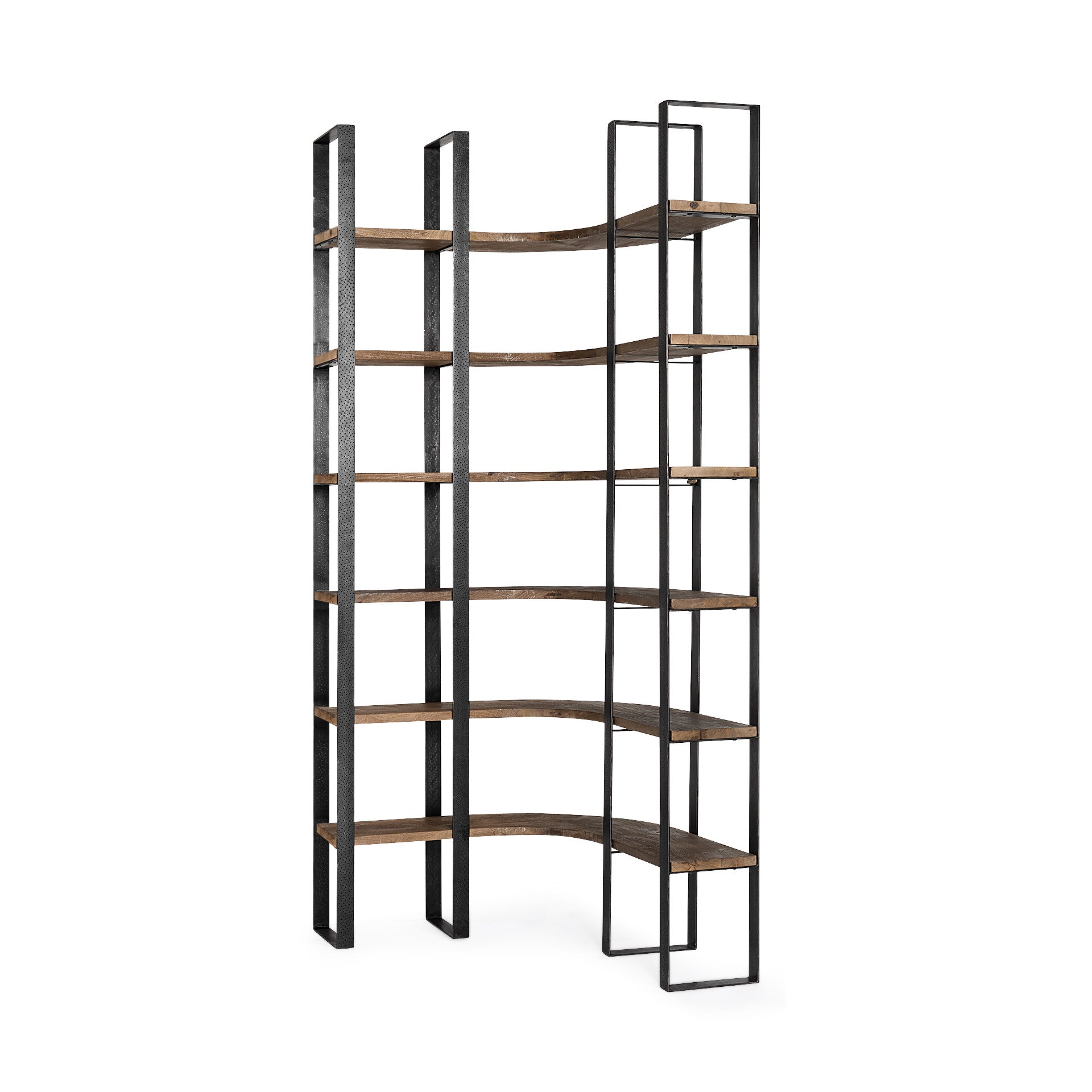 90" Black And Brown Iron and Wood Six Tier Bookcase