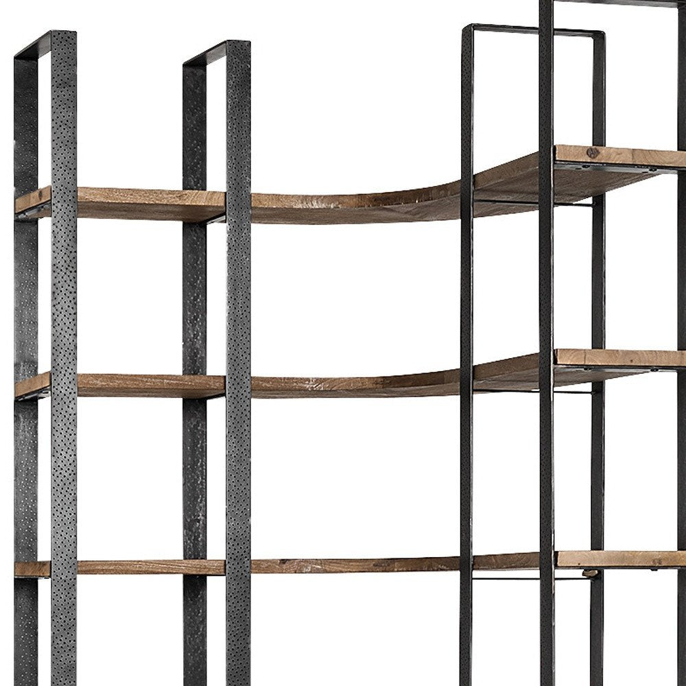 90" Black And Brown Iron and Wood Six Tier Bookcase