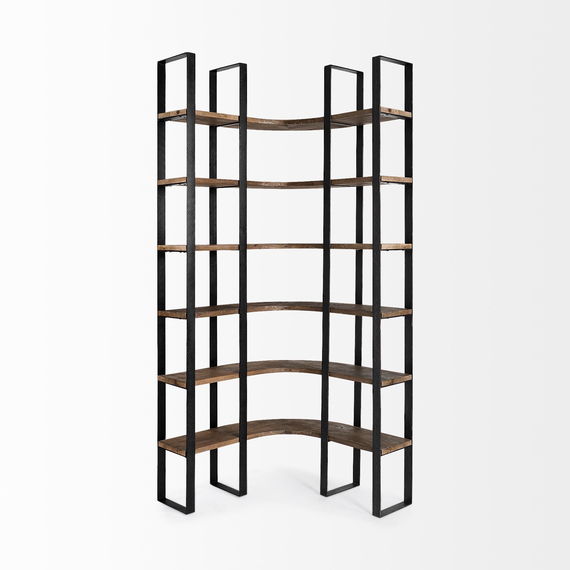 90" Black And Brown Iron and Wood Six Tier Bookcase