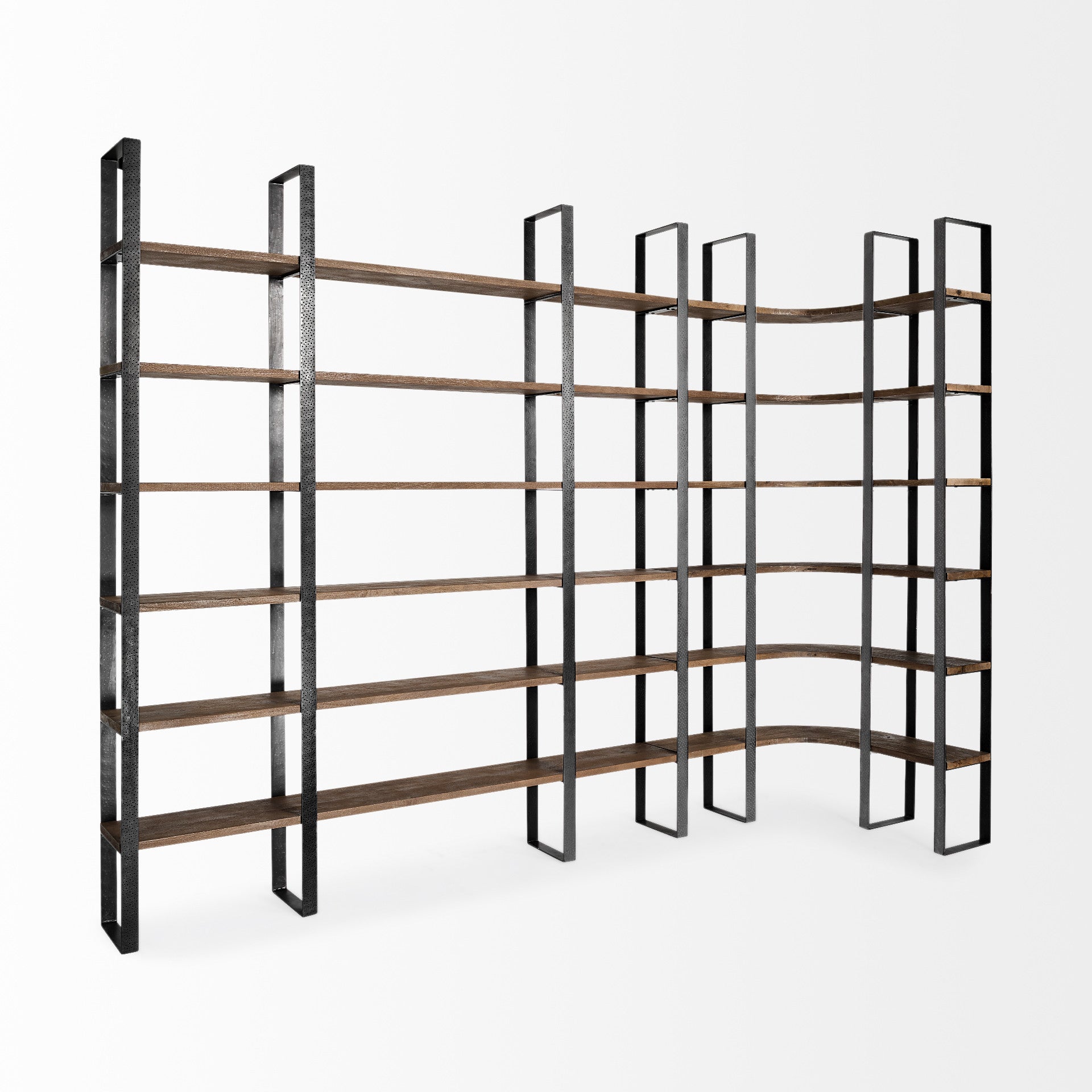 90" Black And Brown Iron and Wood Six Tier Bookcase