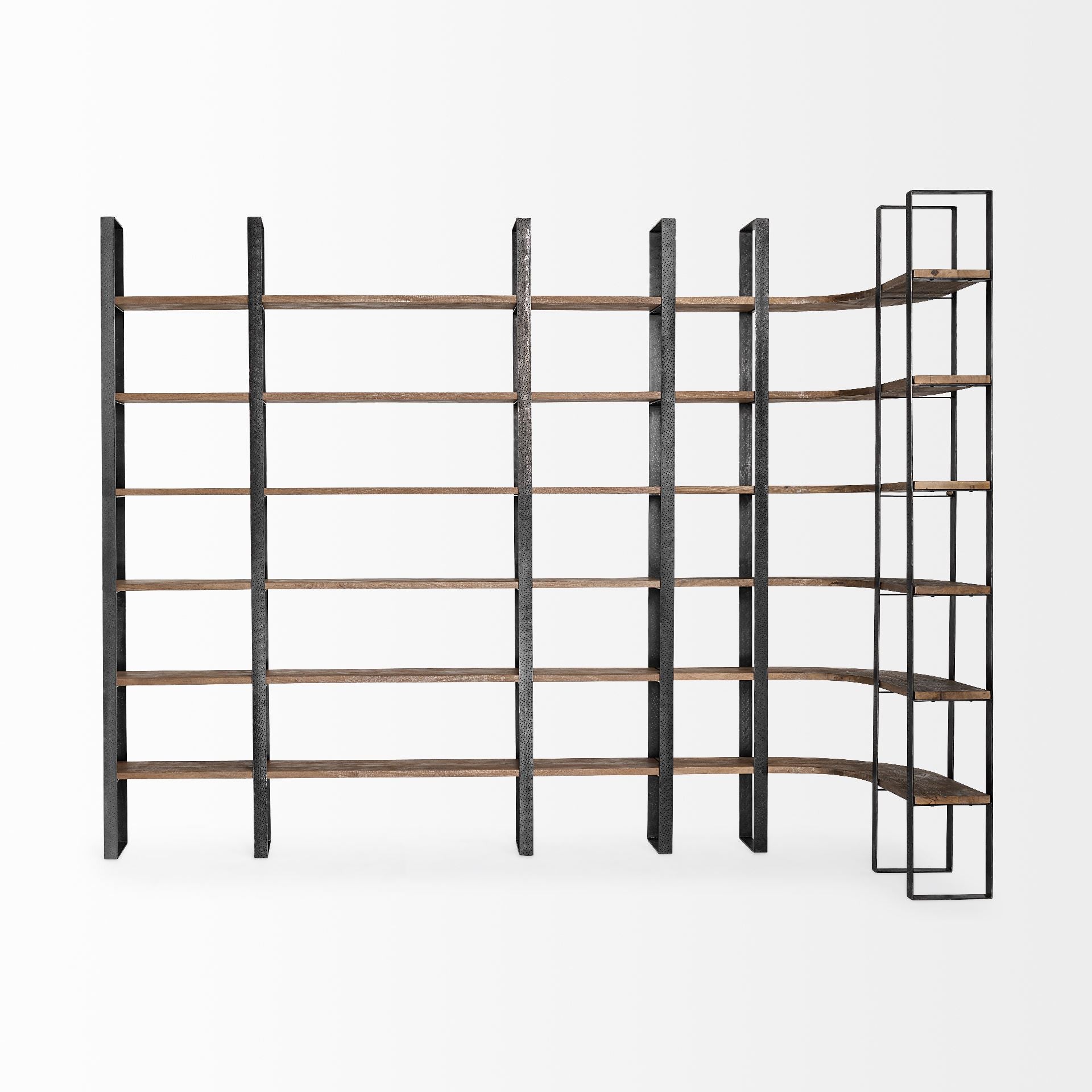 90" Black And Brown Iron and Wood Six Tier Bookcase