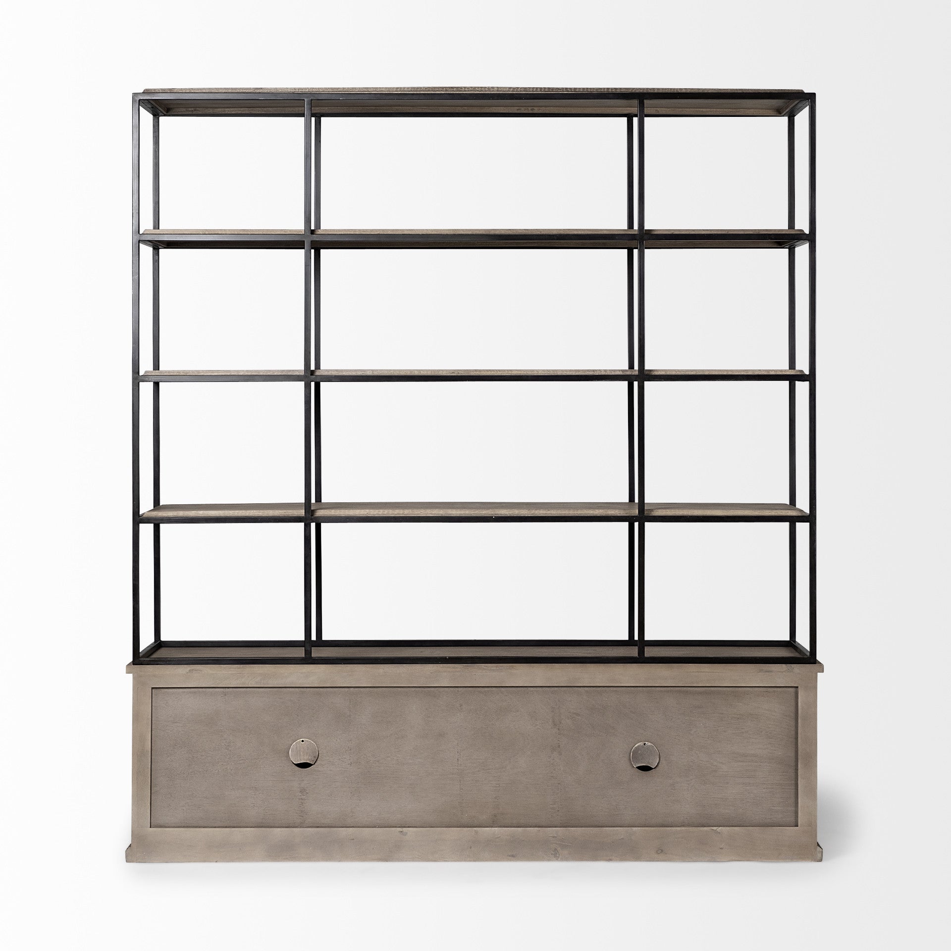 90" Brown Iron and Wood Three Tier Bookcase