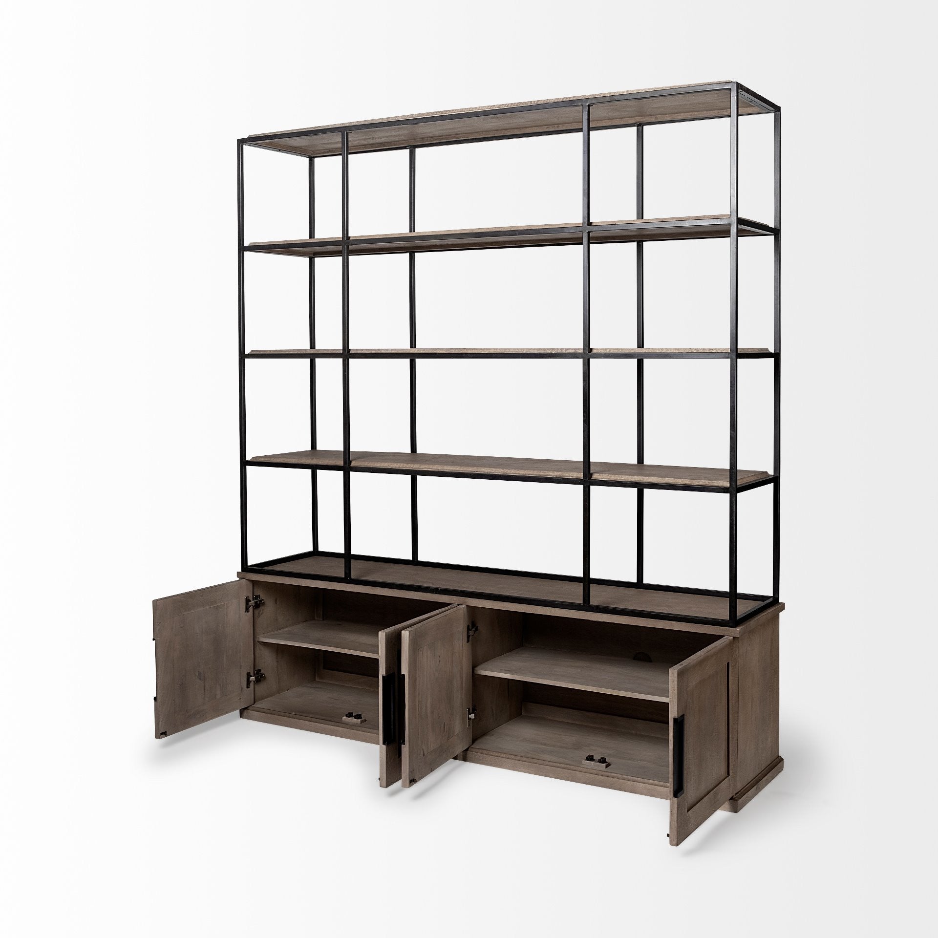 90" Brown Iron and Wood Three Tier Bookcase