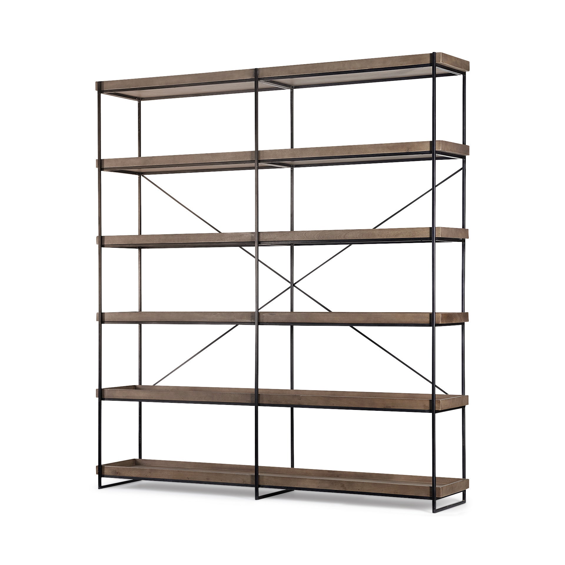 88" Black And Brown Iron and Wood Five Tier Bookcase