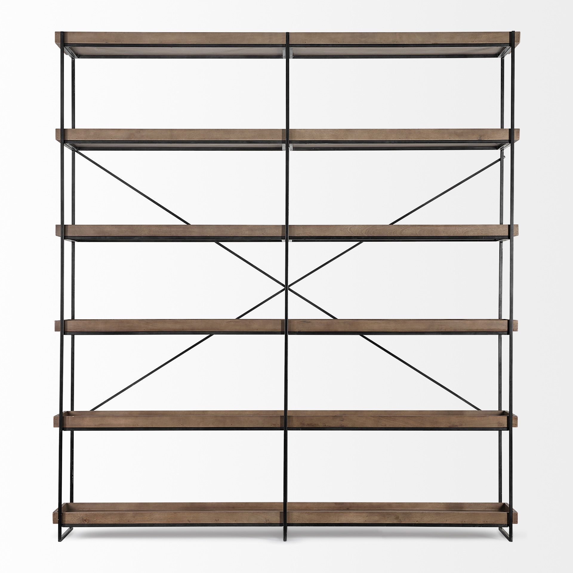 88" Black And Brown Iron and Wood Five Tier Bookcase