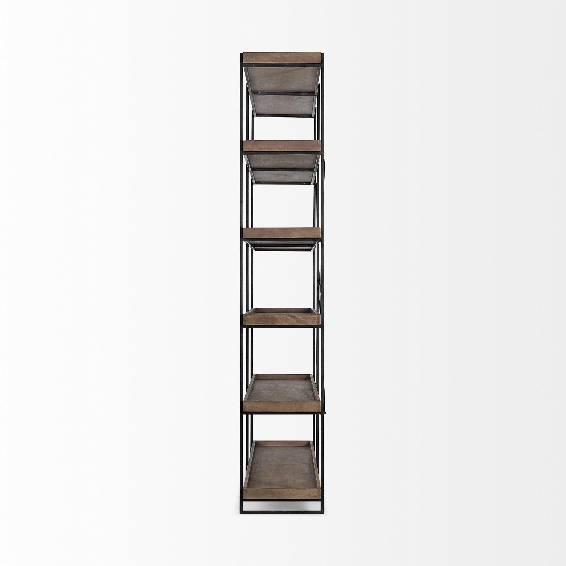 88" Black And Brown Iron and Wood Five Tier Bookcase