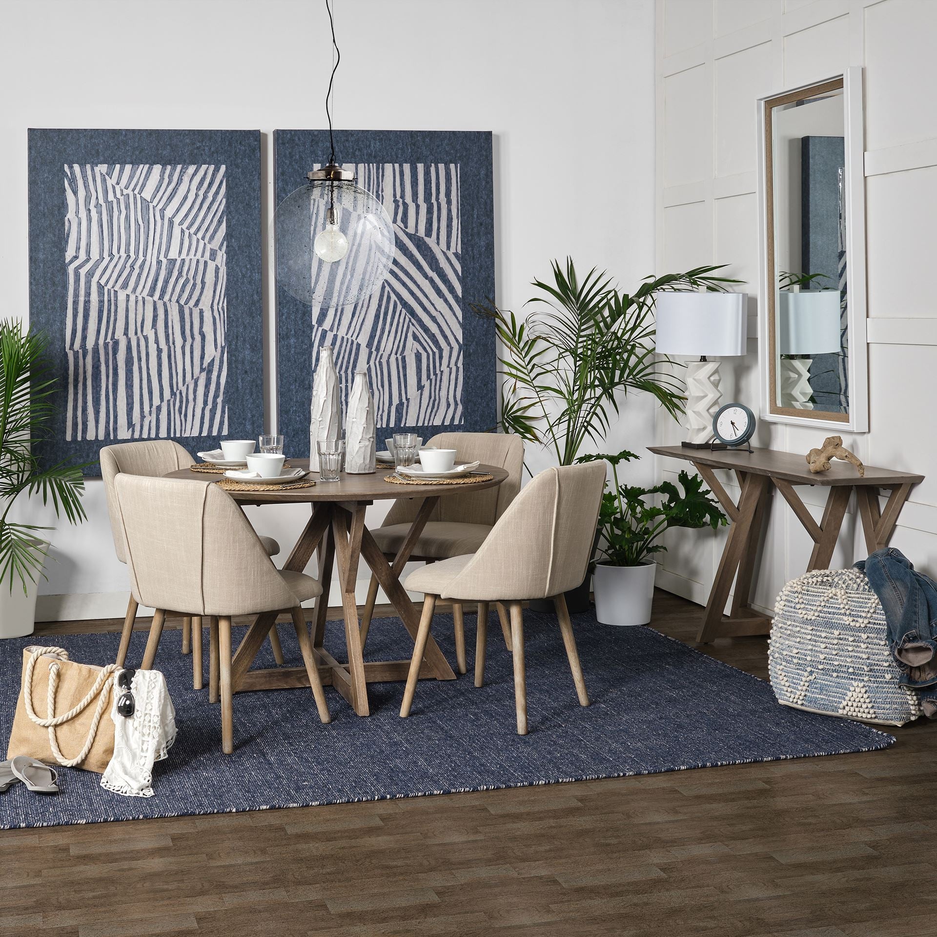 18" Blue Geometric Pouf Ottoman