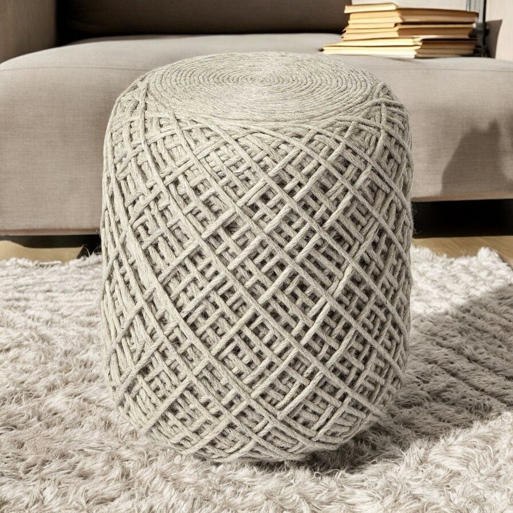 16" Ivory Upholstery Cylinder Abstract Pouf Ottoman