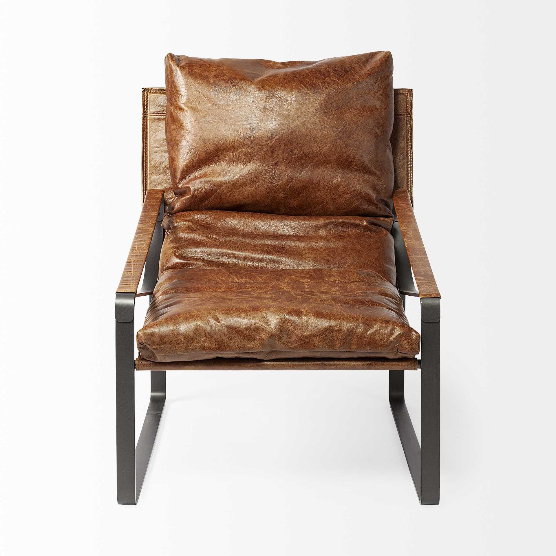 35" Brown and Black Leather Distressed Lounge Chair
