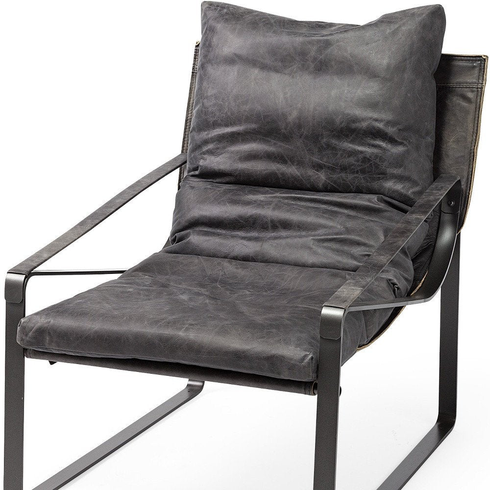 35" Black Leather Distressed Arm Chair
