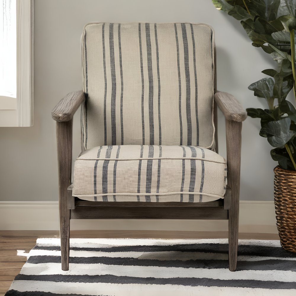 31" Beige Gray and Brown Fabric Striped Lounge Chair