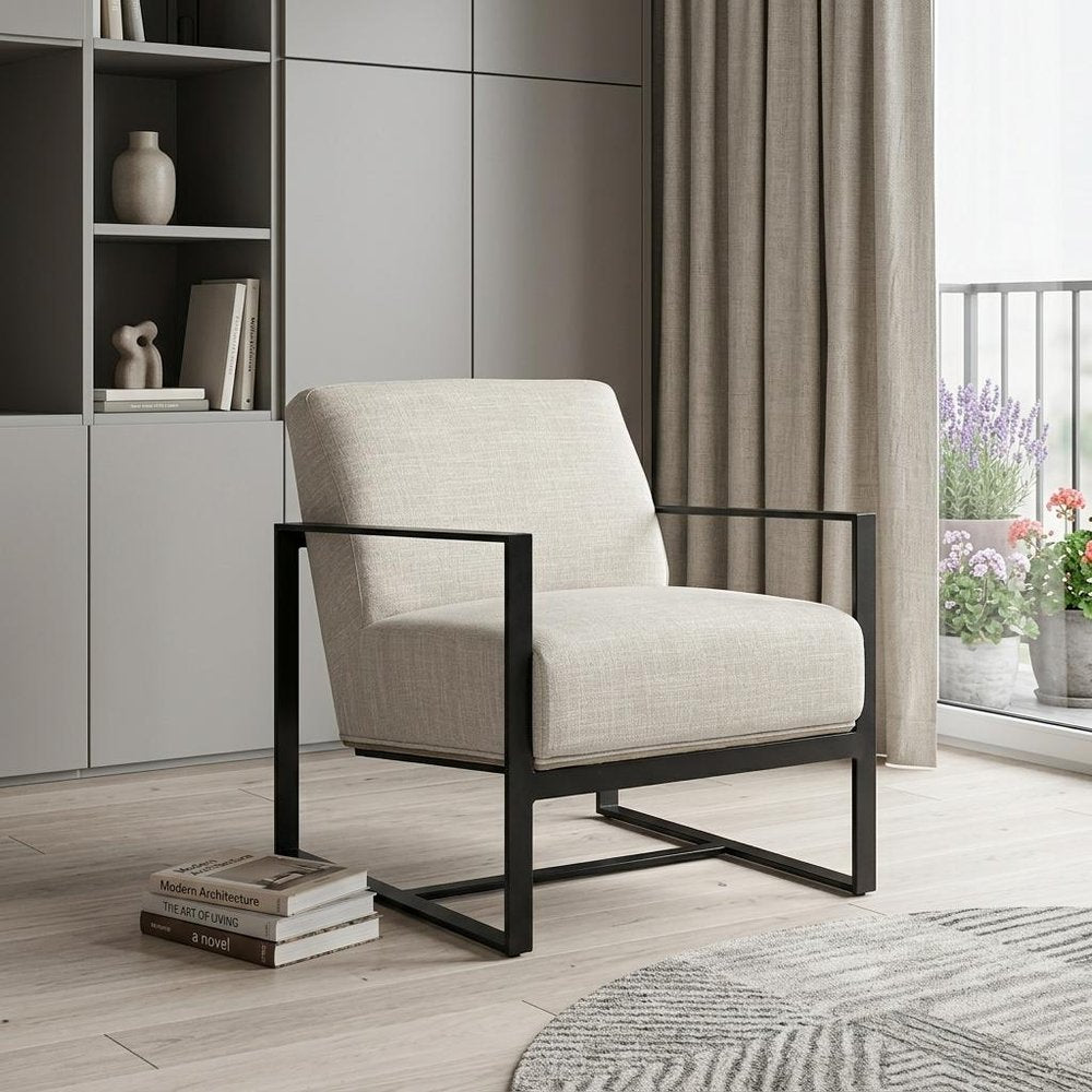 32" Cream and Black Fabric Arm Chair