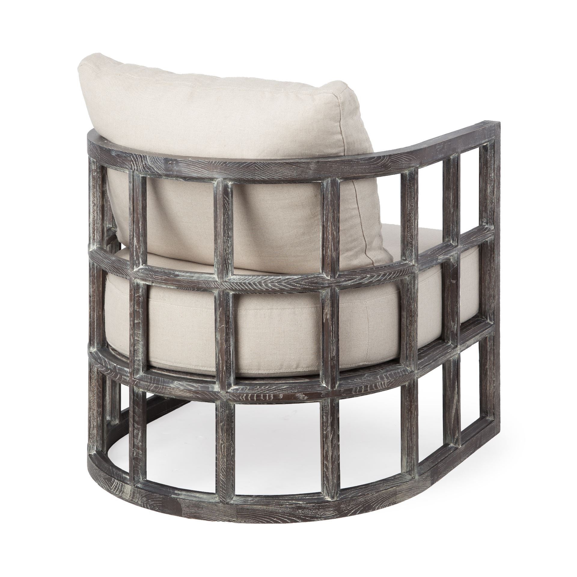 30" Cream and Brown Fabric Distressed Arm Chair