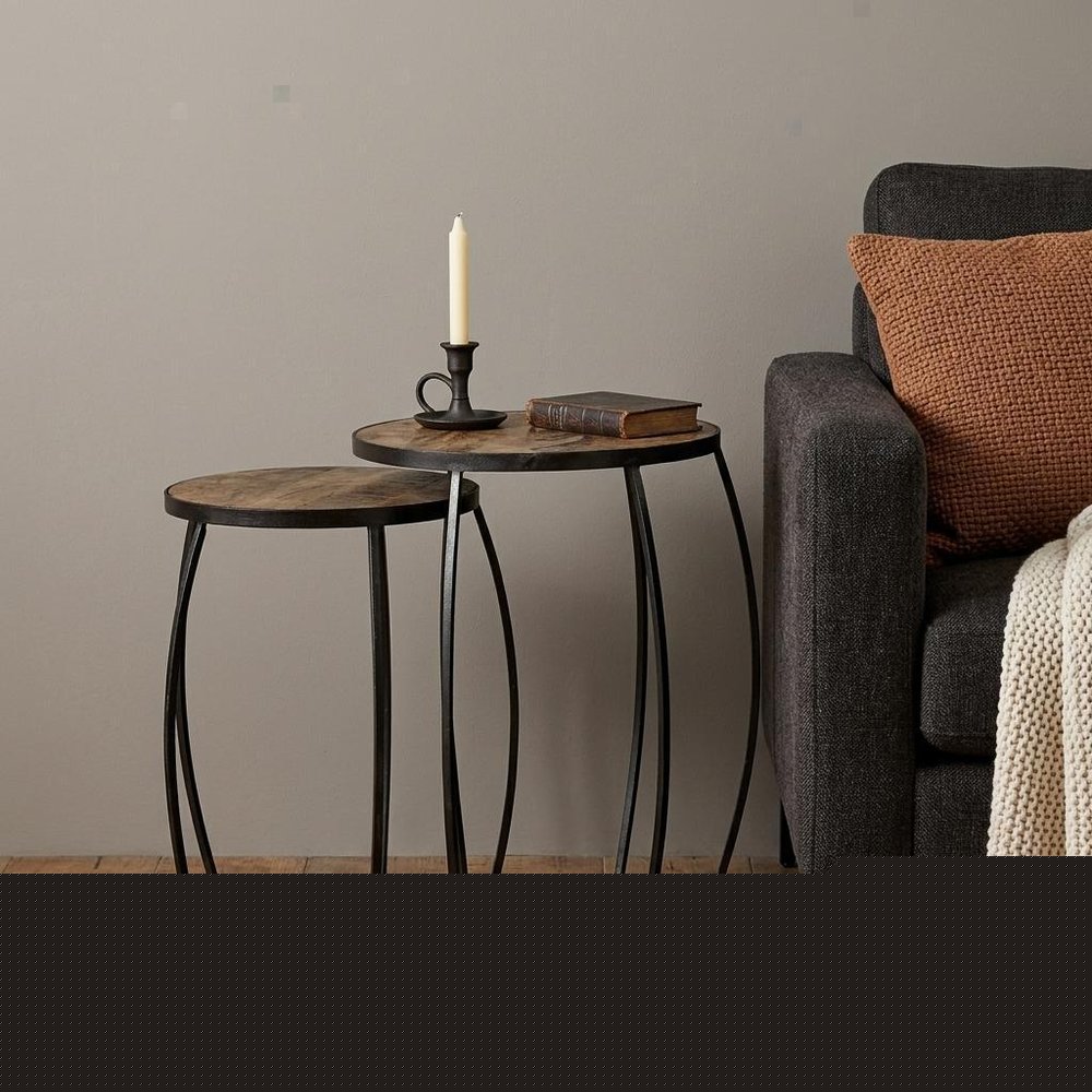Set of Two 26" Black And Brown Solid Wood Round End Table