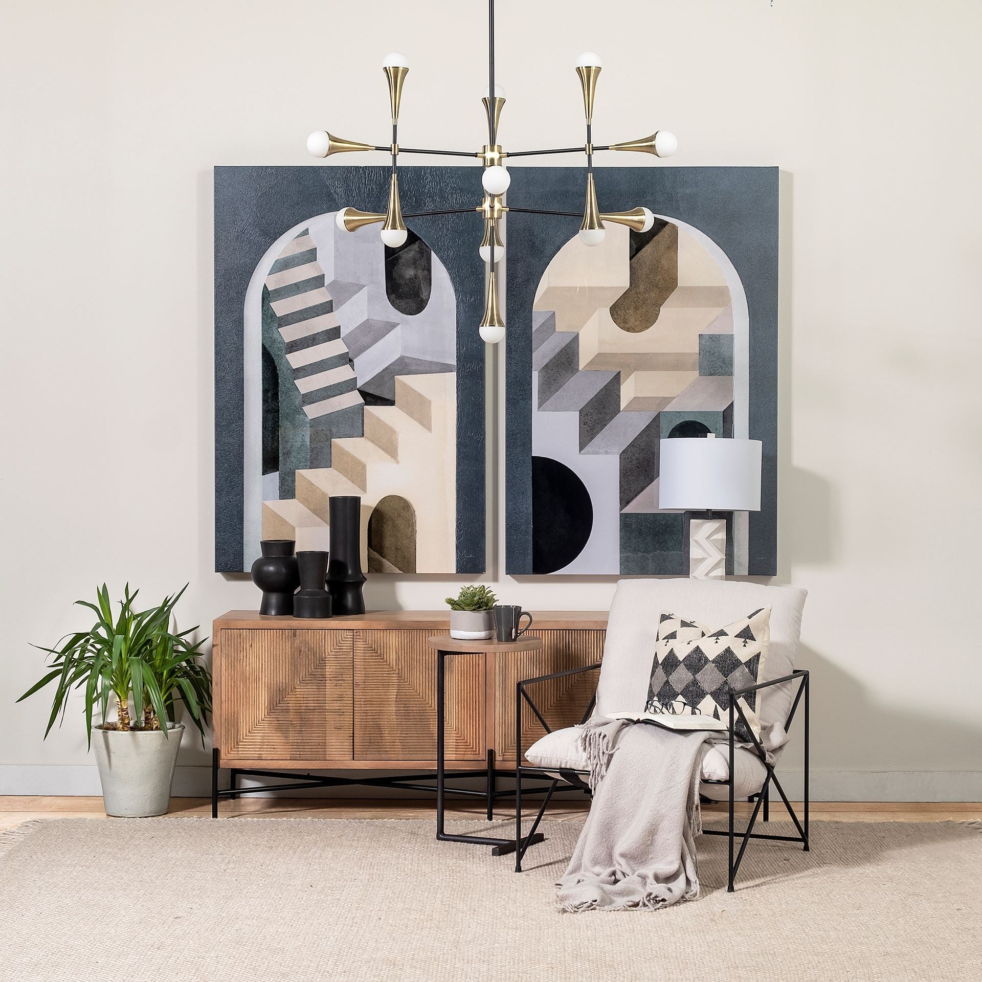 15" Natural and Black Solid Wood and Metal