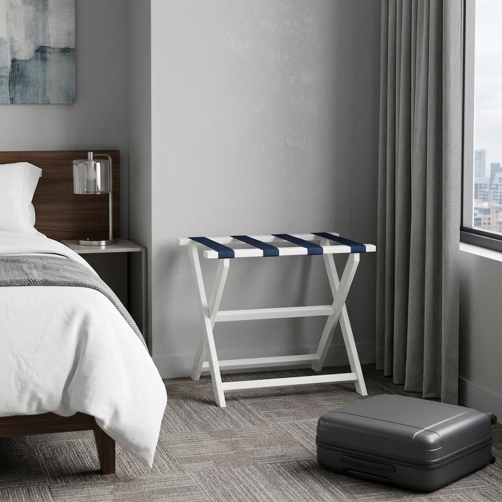 Earth Friendly White Folding Luggage Rack With Navy Straps