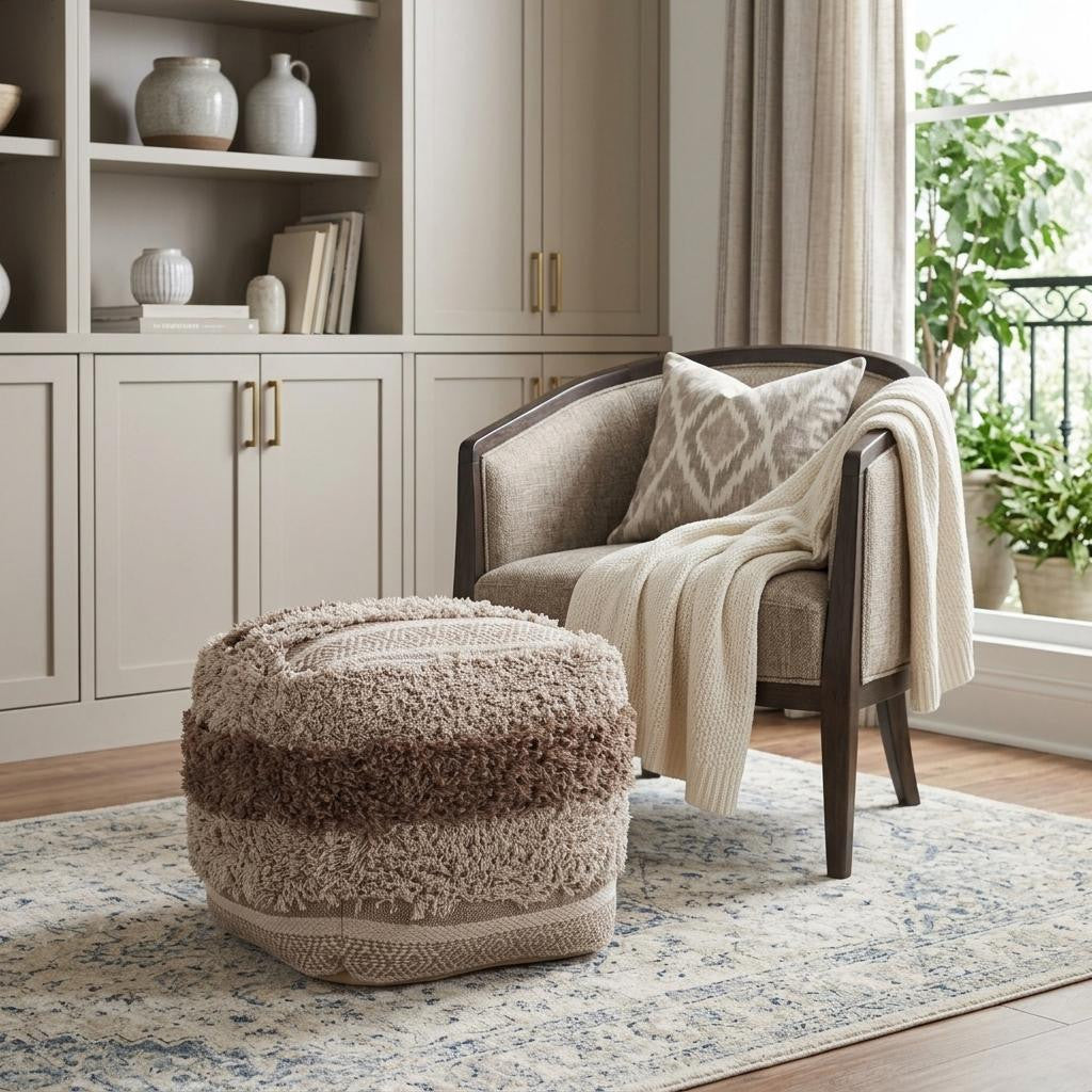 18" Beige Striped Pouf Ottoman