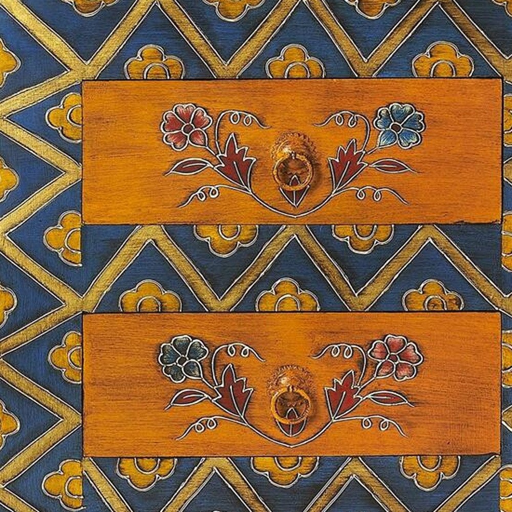 20" Blue and Brown Hand Painted Wood Accent Cabinet With Three Drawers