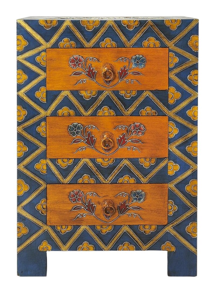 20" Blue and Brown Hand Painted Wood Accent Cabinet With Three Drawers