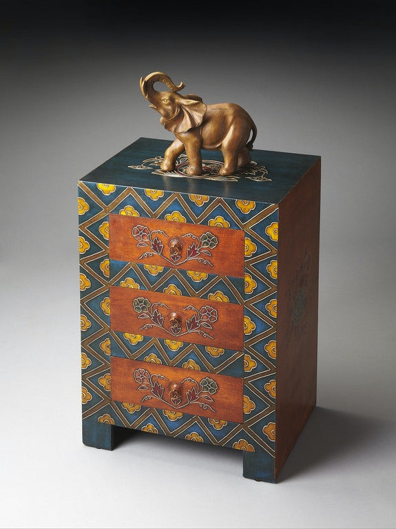 20" Blue and Brown Hand Painted Wood Accent Cabinet With Three Drawers