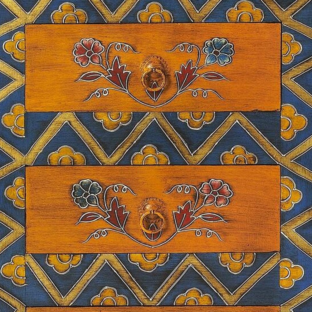 20" Blue and Brown Hand Painted Wood Accent Cabinet With Three Drawers