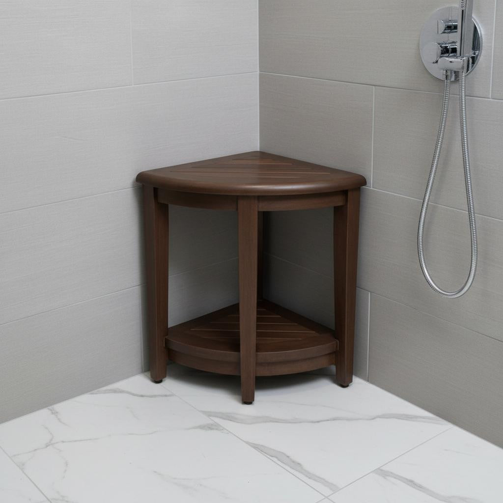 Curvilinear Dark Brown Teak 18" Corner Shower Bench With Shelf