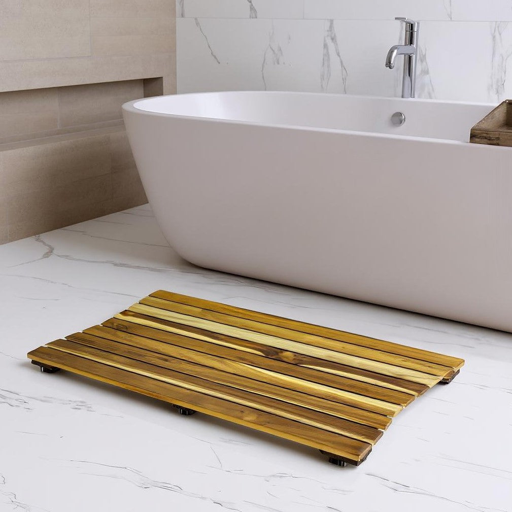 23" Brown Teak Slat Non Slip Bath Mat