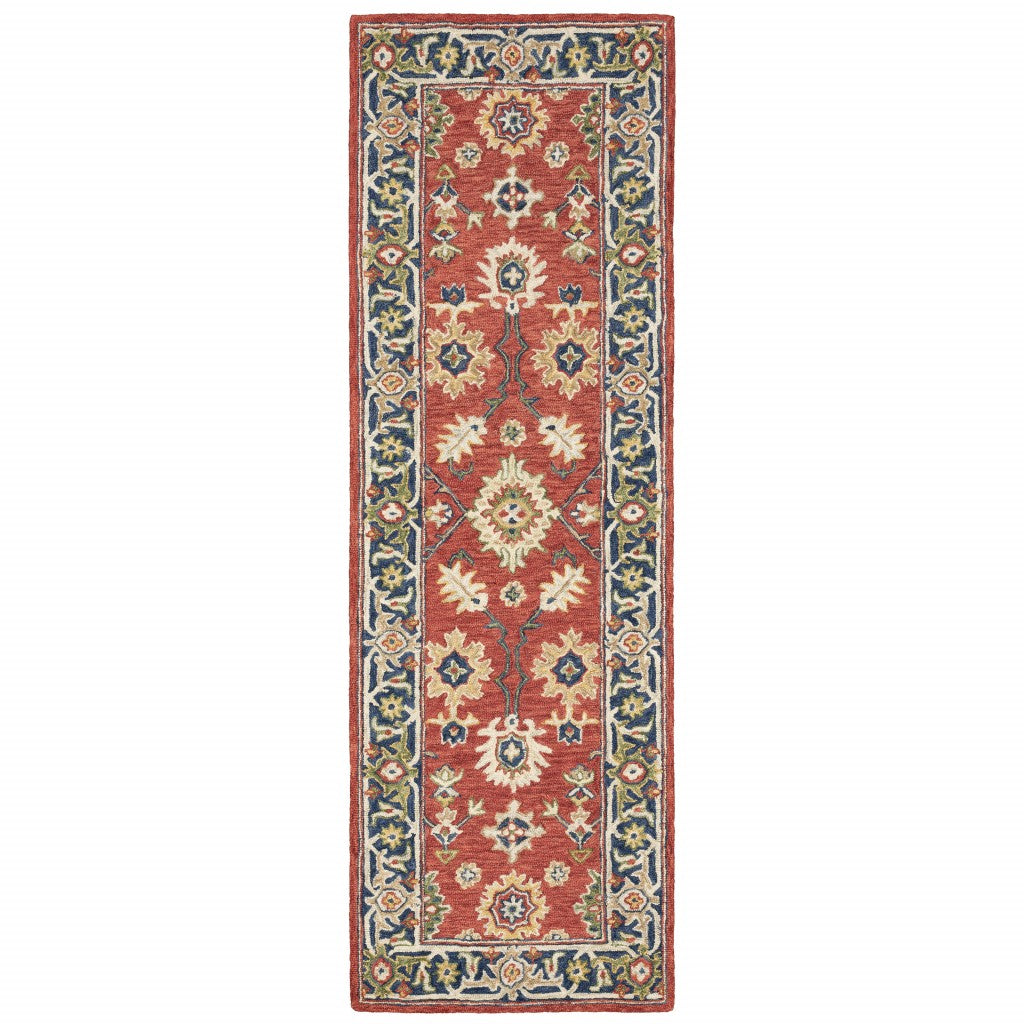 8' Red And Green Wool Hand Tufted Runner Rug
