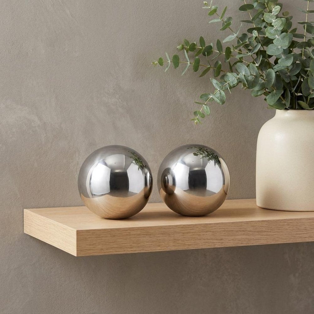 Set of Two Silver Buffed Aluminum Decorative Orb Tabletop Sculpture