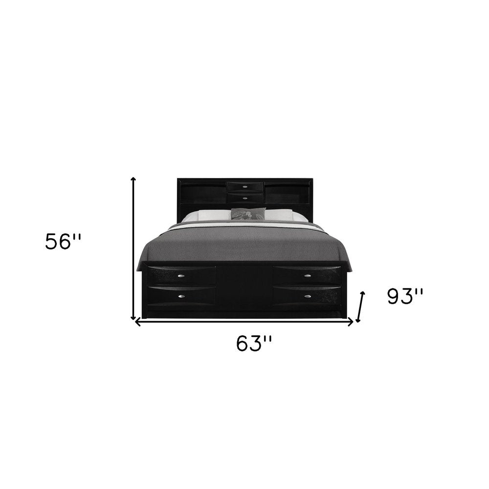 Black Solid Wood Queen Bed Frame With Eight Drawers