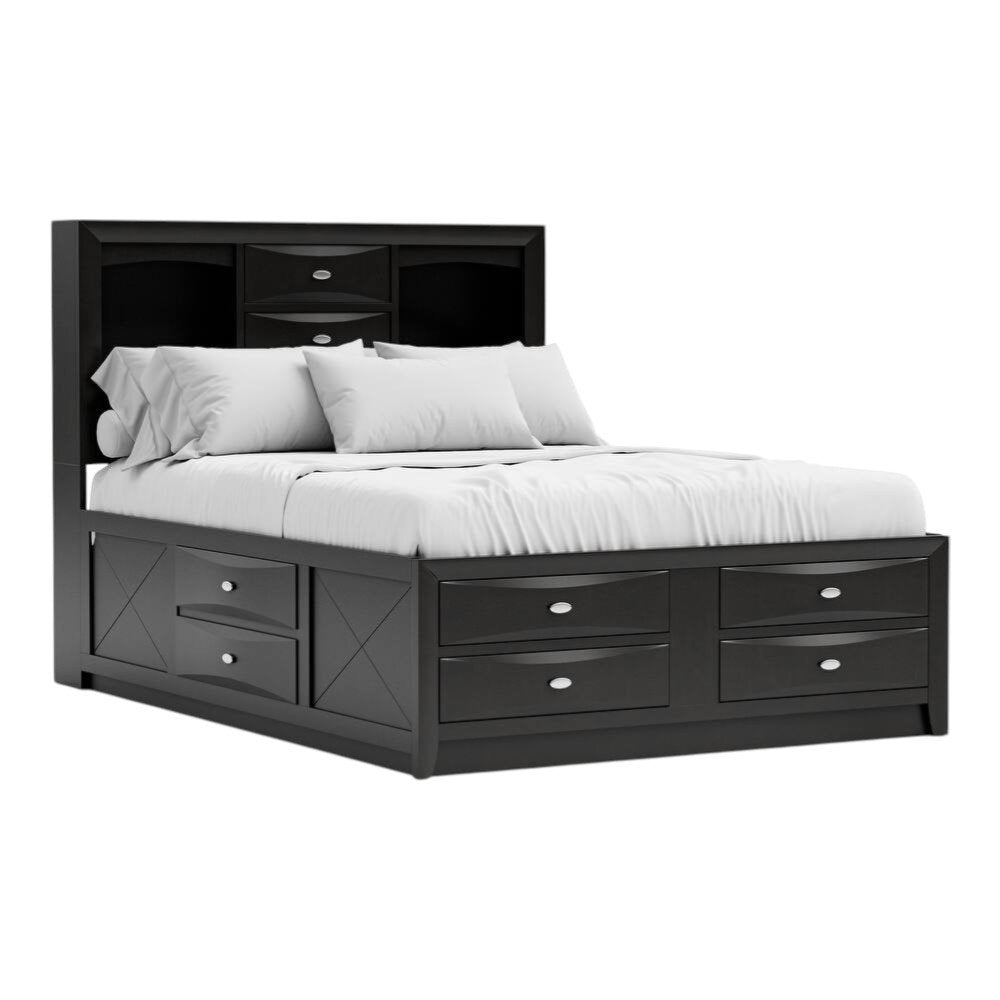 Black Carved Abstract Solid Wood King Bed Frame With Drawers
