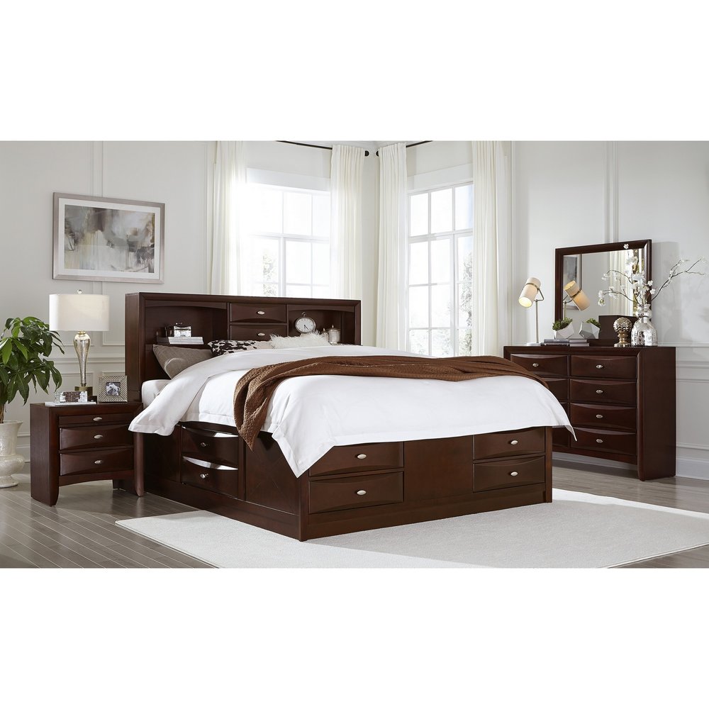 Merlot Solid Wood King Bed Frame With Eight Drawers