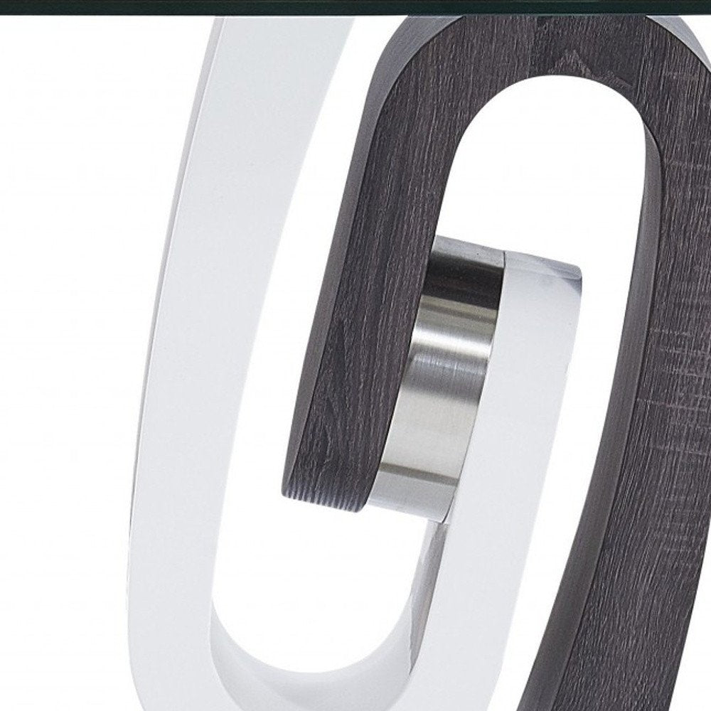 23" White Gray And Clear Glass and Wood Square Pedestal End Table