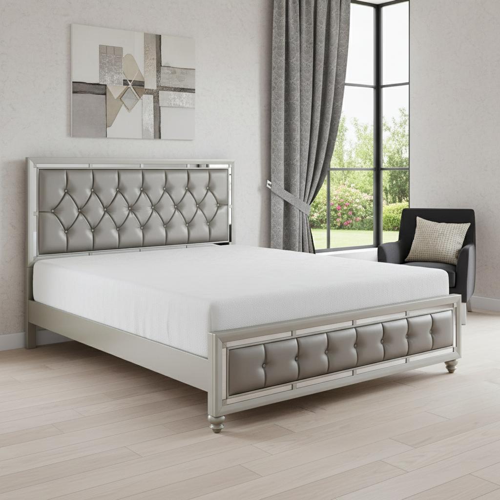 Silver Tufted Linen Upholstered Full Bed Frame with Nailhead Trim With No